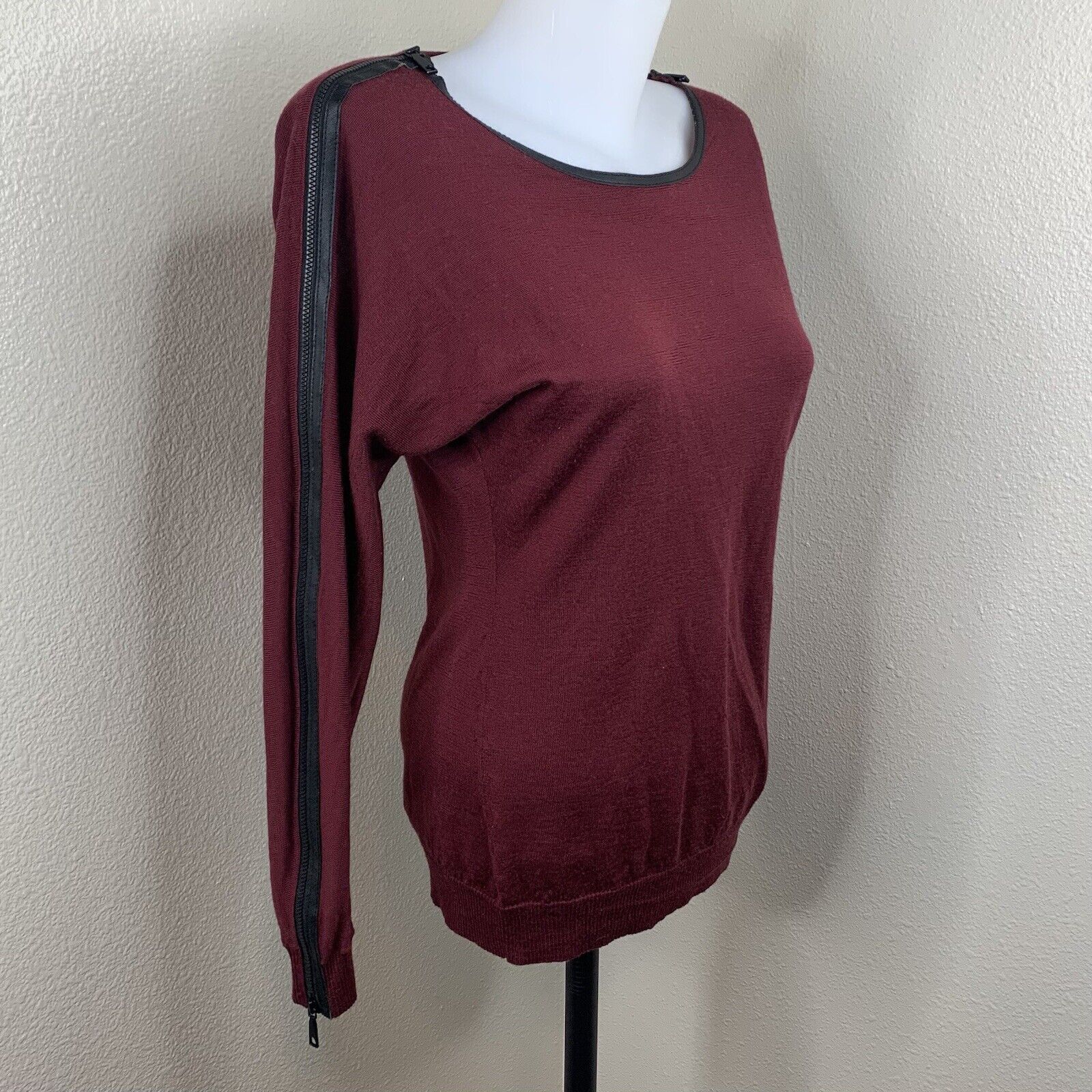 Lafayette 148 L/S Zipper Sleeves Pullover Merino Wool Sweater Top Sz S Burgundy
